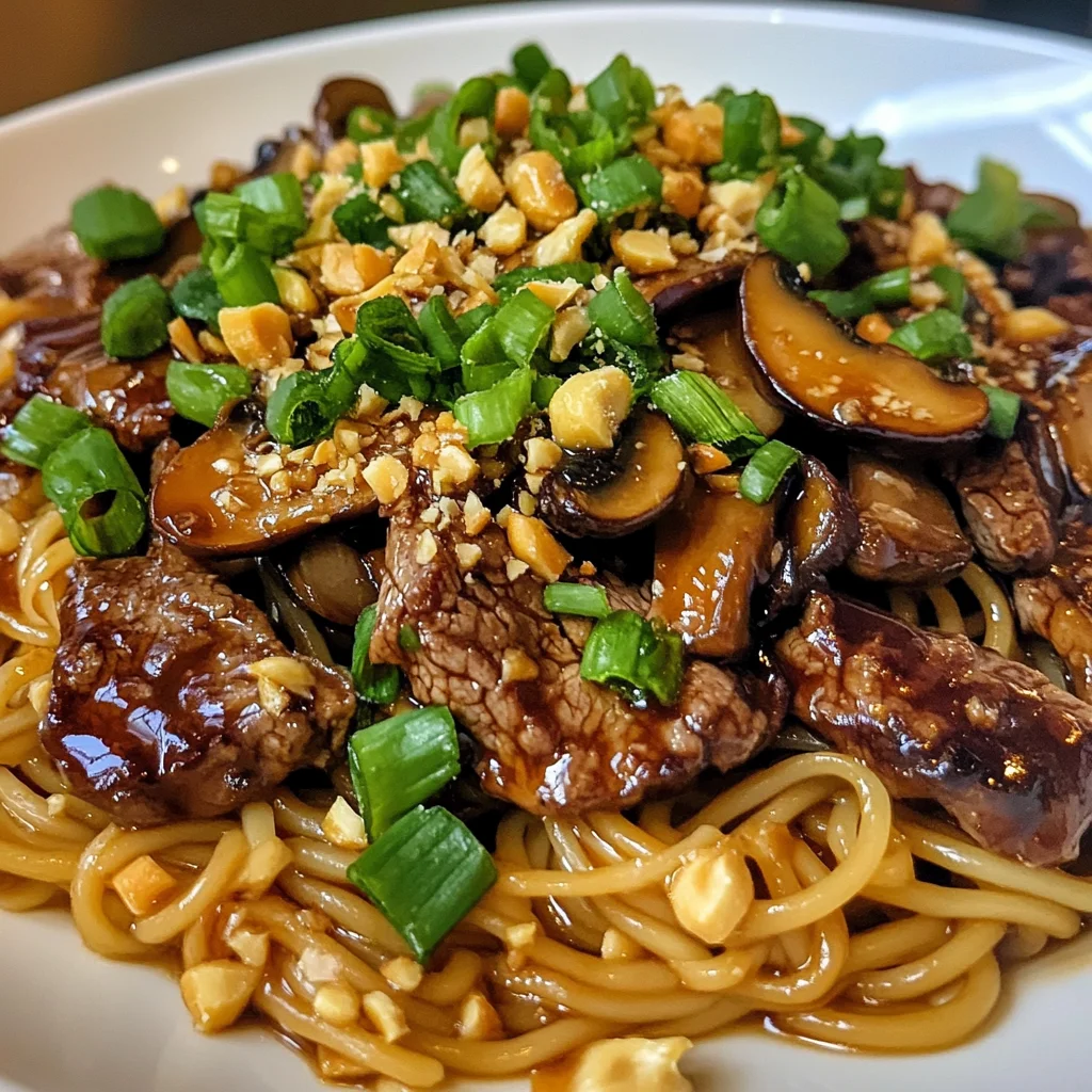 Pâtes boeuf champignons arachides