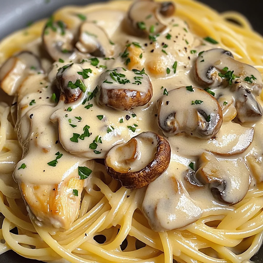 Spaghettis poulet et champignons
