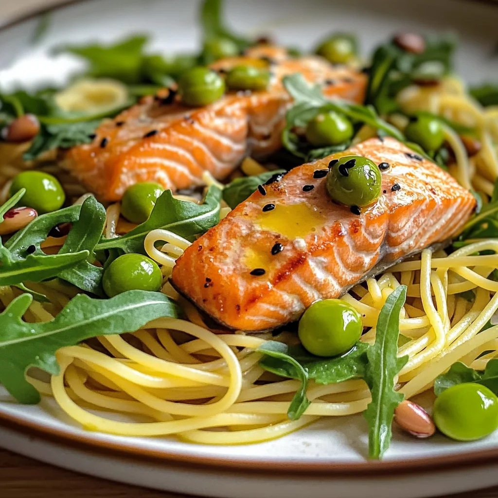 Spaghettis fèves et saumon