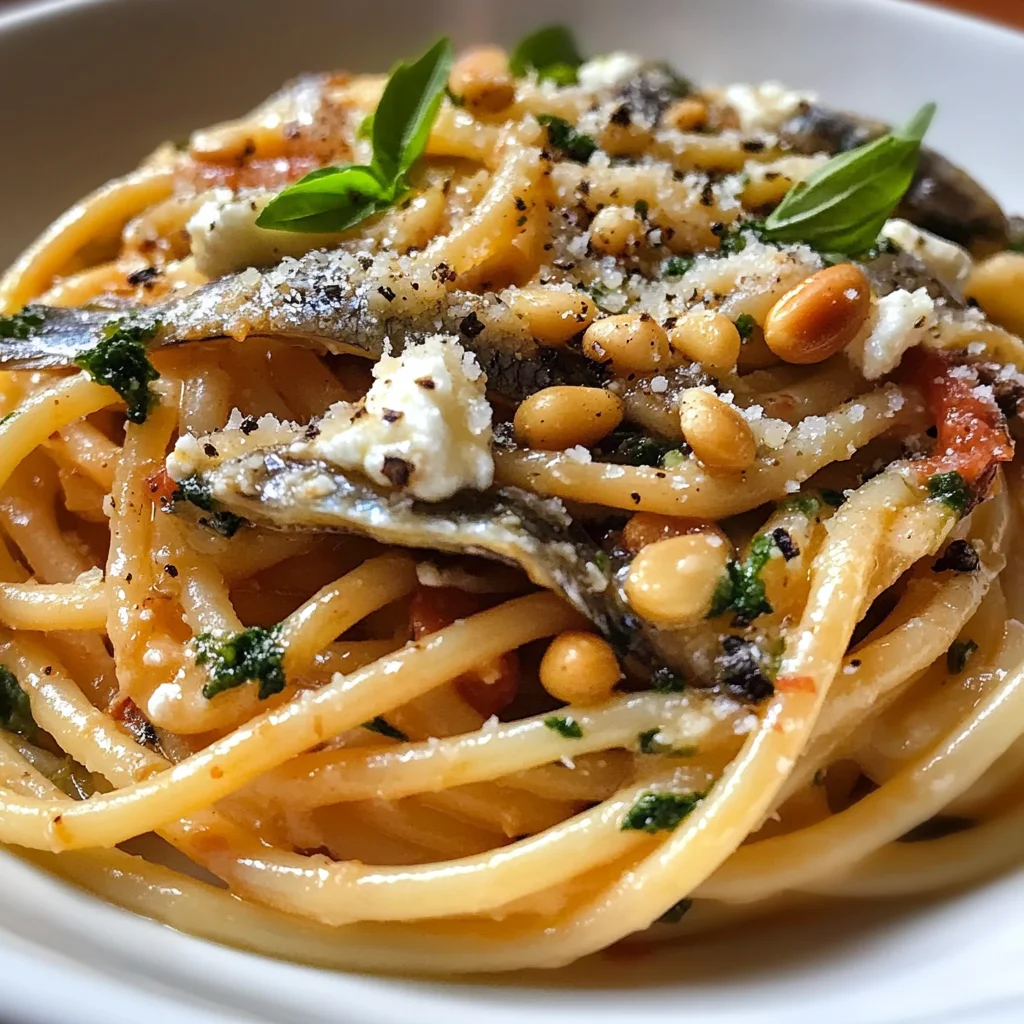 Spaghettis sardines mozzarella pignons